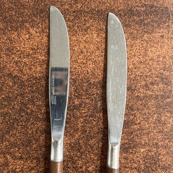 Mid Century Faux Wood Handled Knives Set Of 2 Ekco Eterna Canoe Modern Forged - Picture 3 of 3